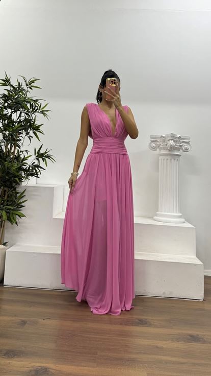 Pembe Derin V Yaka Özel Tasarım Şifon Abiye Elbise